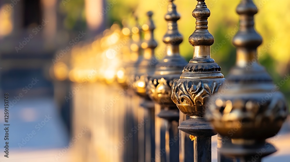 Aufkleber close up of ornate golden fence with decorative finials in soft focus : generative ai