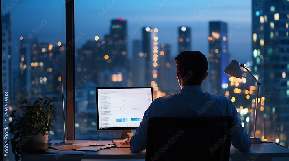 Poster professional male working late at night on computer with city lights in background : generative ai