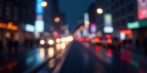 Soft glow of city lights against a dark abstract background with subtle white and gray bokeh effect, conveying a sense of urban nightlife, urban scene, motion blur