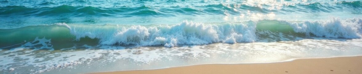 Fototapeta premium Soft ocean waves gently lap at the shore creating a soothing atmosphere with gentle ripples and subtle foam textures, tranquility, peaceful