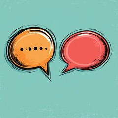 Two colorful speech bubbles with doodle art on a turquoise background