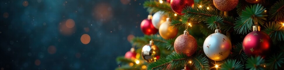 Sparkling Christmas tree with numerous colourful ornaments and soft twinkling lights , baubles, sparkling