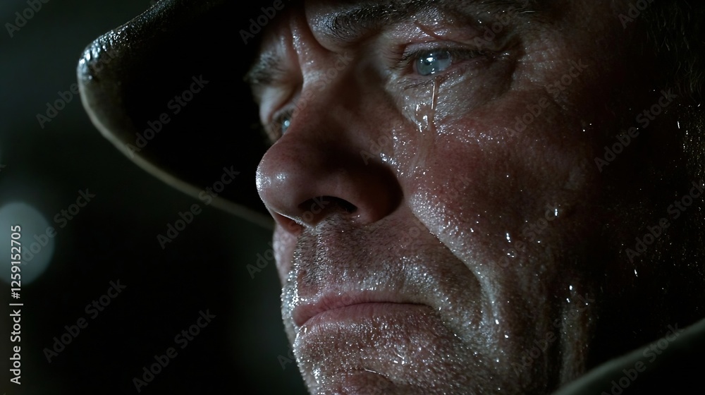 Poster emotional portrait of soldier with tearful expression and hat : generative ai