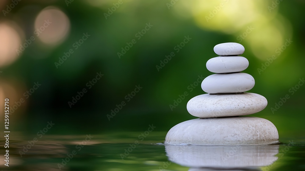 Poster zen balance of smooth white stones stacked on a tranquil water surface with natural bokeh background