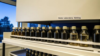 A neatly organized shelf filled with bottles of various reagents annotated labels clearly showing their contents and concentrations in a bright and airy home laboratory setting.