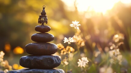 Obraz premium Elegant sunlit stone tower adorned with lantern symbolizes tranquility and balance in nature : Generative AI