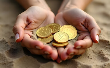 Fototapeta premium Hands Holding Gold Coins.