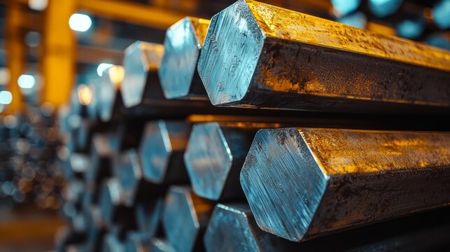 Industrial Steel Bars Stacked in Warehouse