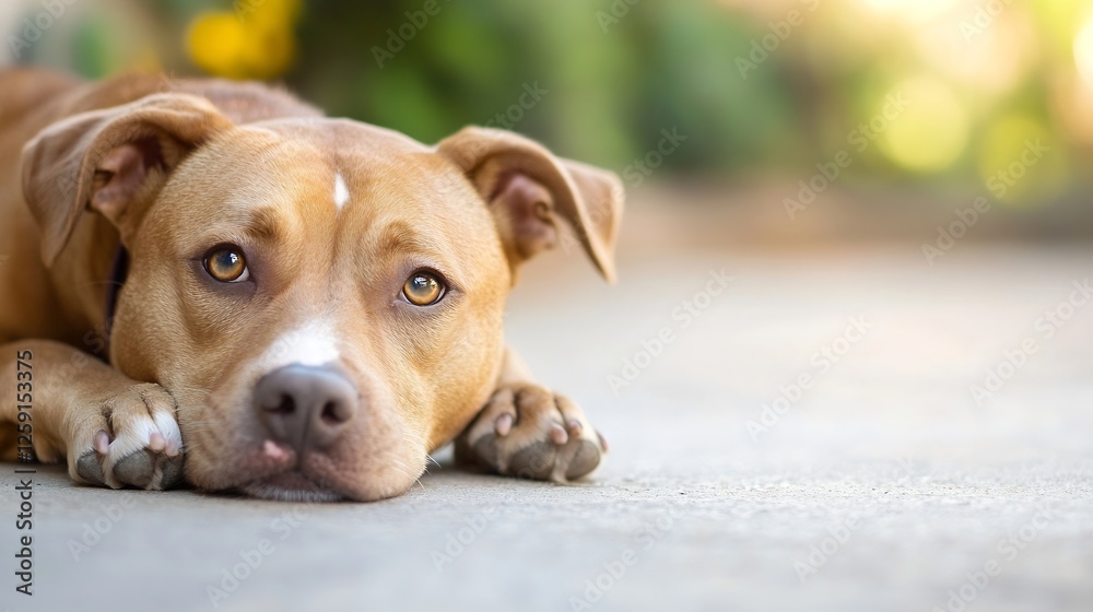 Poster adorable brown dog relaxing and wondering looking into the camera : generative ai