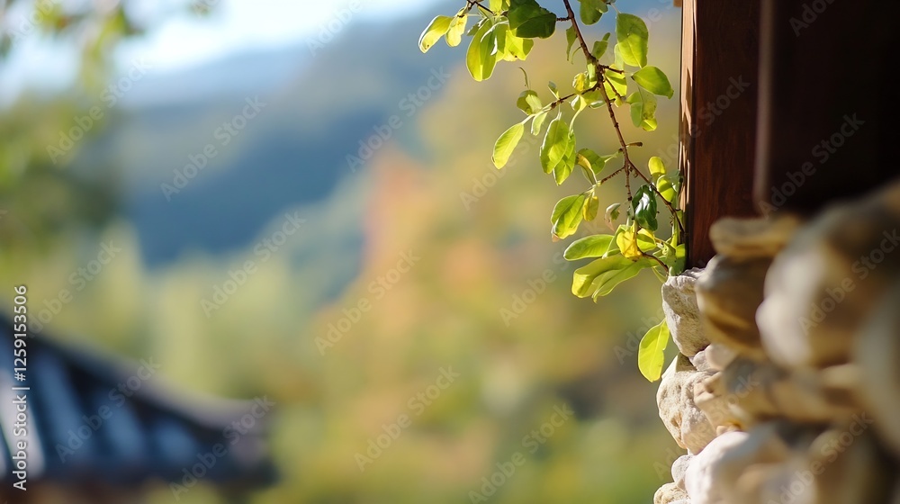 Poster green leaves sprouting from the edge of a traditional stone wall in a peaceful setting : generative 
