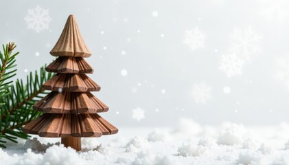 Wooden Christmas tree with cedar branches on a white background with snowflakes, snowflakes, winter wonderland