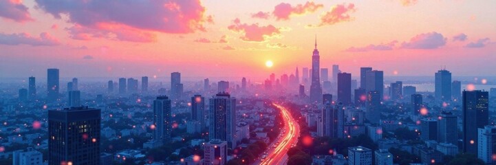 Fototapeta premium Soft watercolor textures over a muted cityscape at dusk, calm scene, evening atmosphere, muted colors