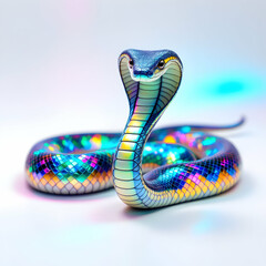 Fototapeta premium Iridescent Colorful Snake With Shiny Scales Against A Light Background