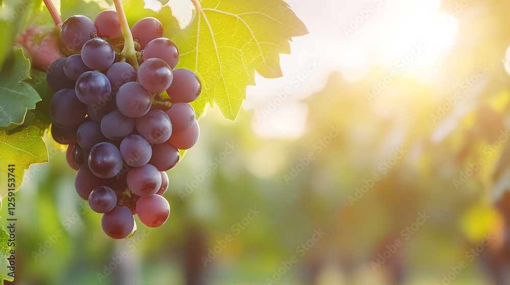 Poster fresh bunch of ripe grapes glowing in the warm autumn light in picturesque vineyard setting : genera