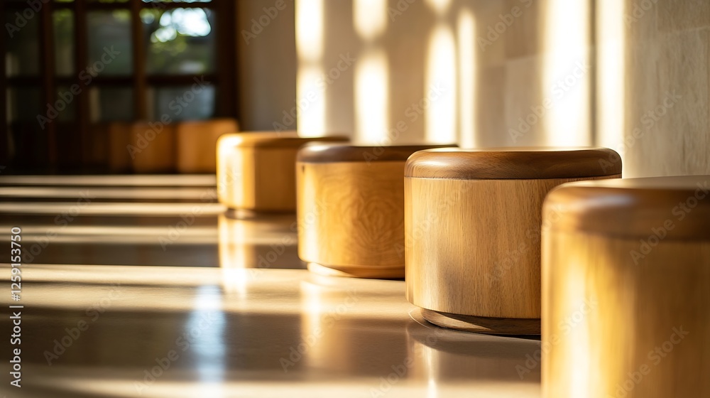 Leinwandbilder modern wooden stools in sunlit space creating a relaxed and inviting atmosphere : generative ai