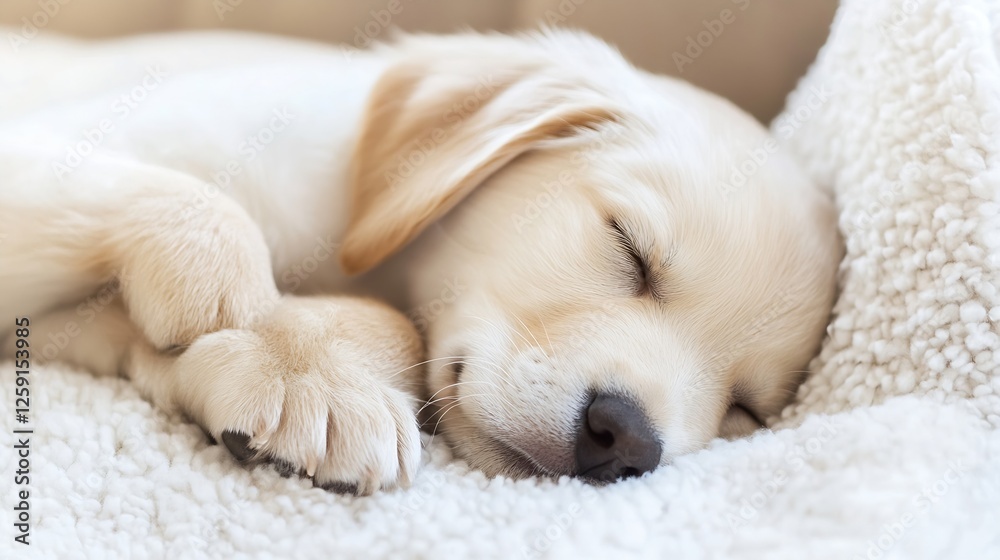 Poster adorable sleeping puppy nestled comfortably on a fluffy blanket in a cozy setting : generative ai