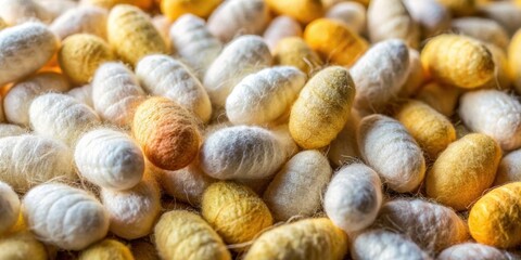 A close-up shot of a cluster of organic silkworm cocoons in various stages of development, showcasing their different textures and colors, biology, nature