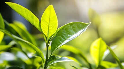 Fototapeta premium Close Up of Fresh Green Tea Leaves Bathed in Soft Morning Light : Generative AI