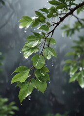 Softly falling water droplets on a leafy branch, organic patterns, water droplets, texture overlay