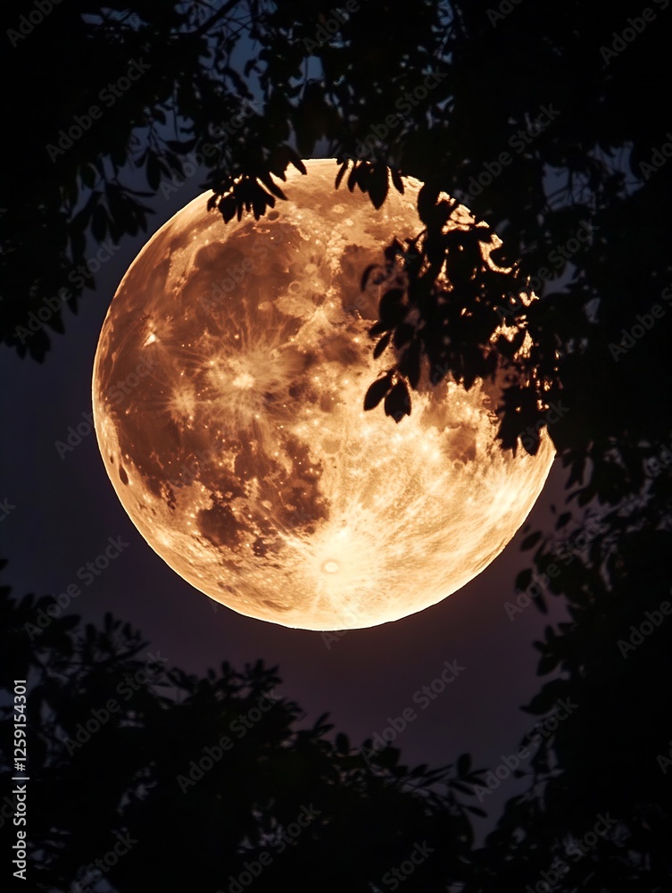 Aufkleber stunning moon through tree foliage creating a mystical night scene : generative ai