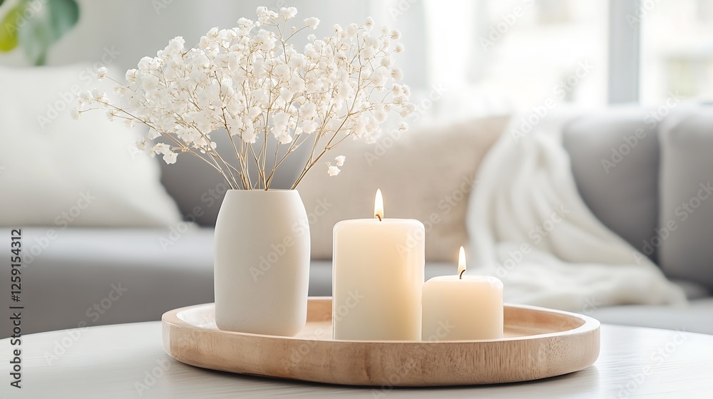 Poster modern home decor with elegant candles and dried flowers in a minimalist setting : generative ai