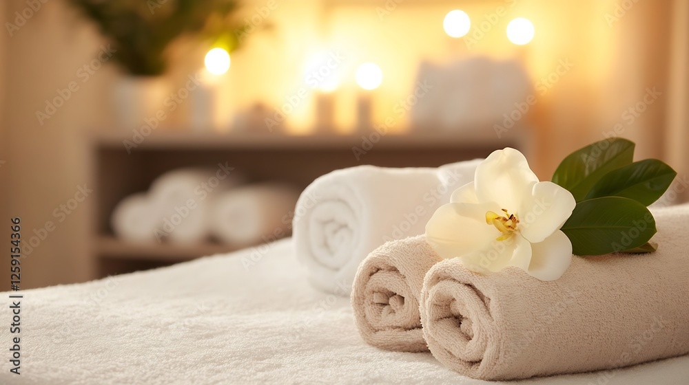 Leinwandbilder serene spa setting with soft towels and relaxing flower vibes for ultimate comfort and tranquility :