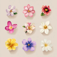 Realistic 3D floral collection with soft pastel petals and delicate shading