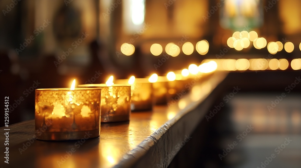 Poster warm glow of candles in a serene church interior with bokeh background : generative ai