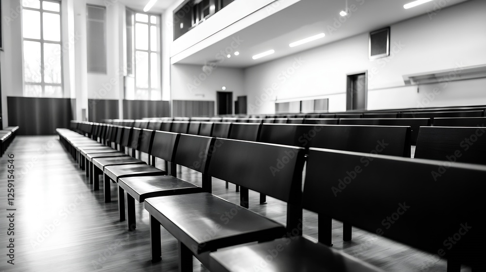 Poster modern empty auditorium with black seating and large windows inviting natural light : generative ai