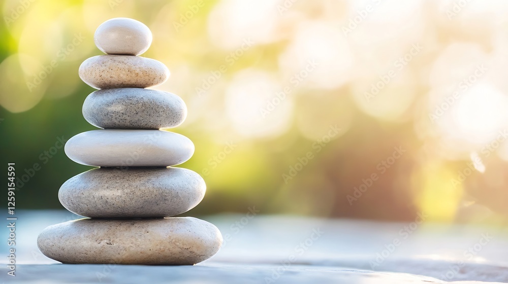 Poster balanced stones stacked carefully in a peaceful setting representing tranquility and harmony : gener