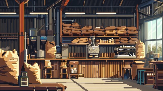 A warm and inviting pixel art scene of a coffee roasting facility, featuring large sacks of beans, roasting machines, and wooden furniture in a rustic setting. AI generated.