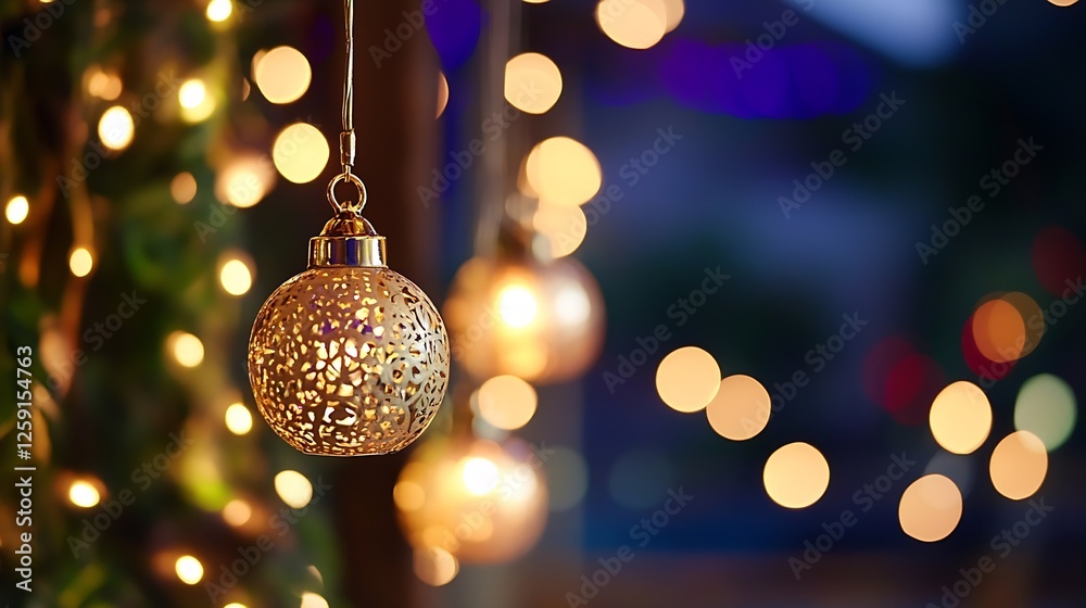 Poster Elegant Hanging Lanterns with Warm Bokeh Background for Festive Decor and Celebration : Generative AI