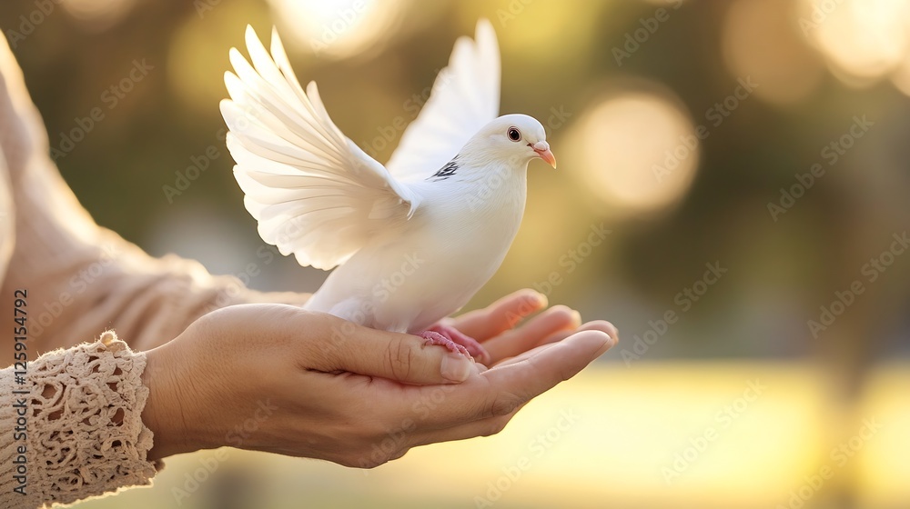 Poster close up of a white dove spreading its wings and being gently held in a hand during sunset : generat