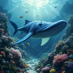 Majestic Whale Swimming Gracefully Through Vibrant Coral Reef Underwater Landscape