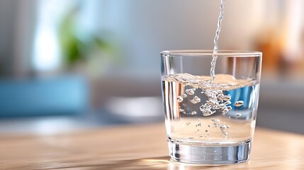 Pouring Fresh Water into a Glass with Bubbles on a Wooden Table : Generative AI
