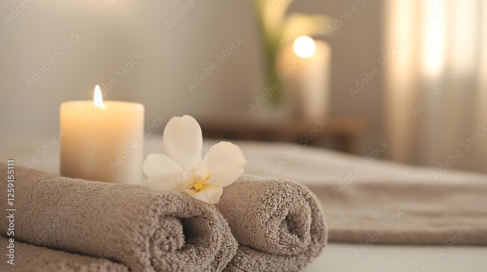 Poster elegant spa arrangement with soft towels and candle for relaxation and rejuvenation : generative ai