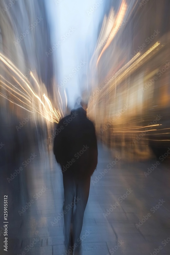 Poster blurred city background featuring a silhouette of a person walking in twilight : generative ai
