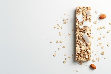 Healthy granola bar on white surface with toppings
