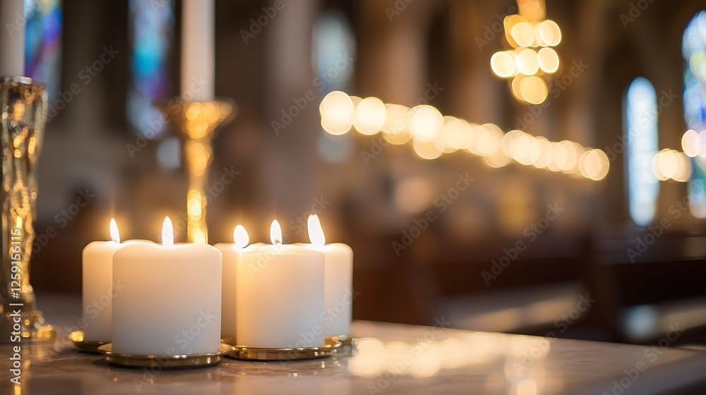 Aufkleber Glowing White Candles on Table with Soft Focus Background in Church Setting : Generative AI