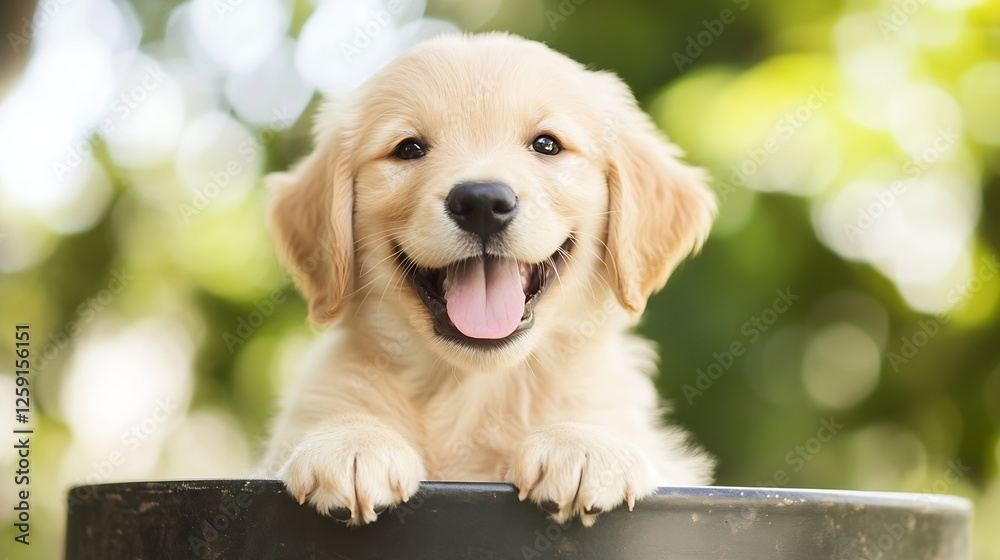 Poster adorable and playful golden retriever puppy with big bright eyes and happy expression : generative a