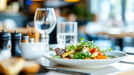Beautifully Plated Gourmet Meal with Fresh Ingredients on Table : Generative AI