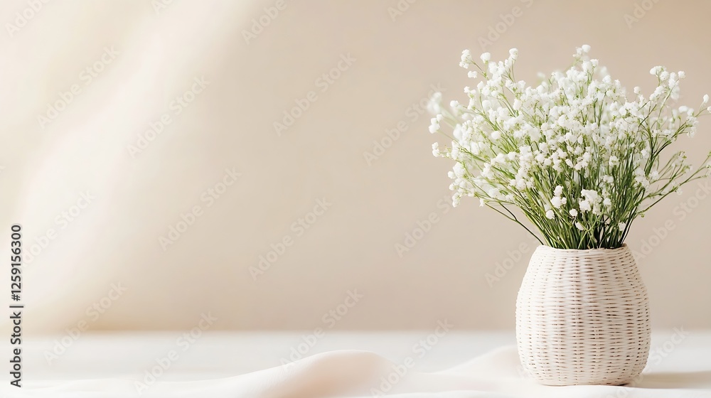 Poster elegant white vase with delicate flowers set against a soft beige background for minimalist decor : 