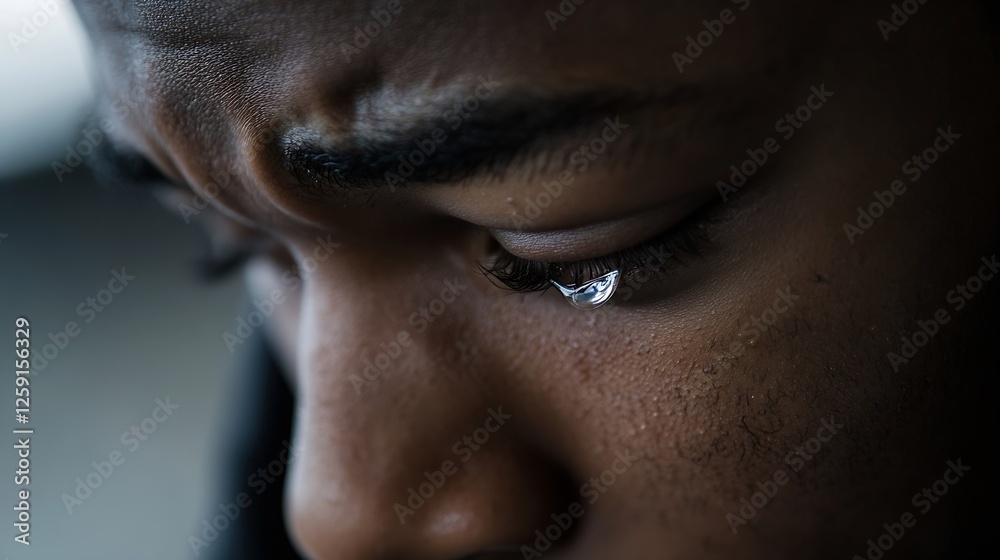 Poster close up of a sad young man with tear reflecting pain and emotion : generative ai