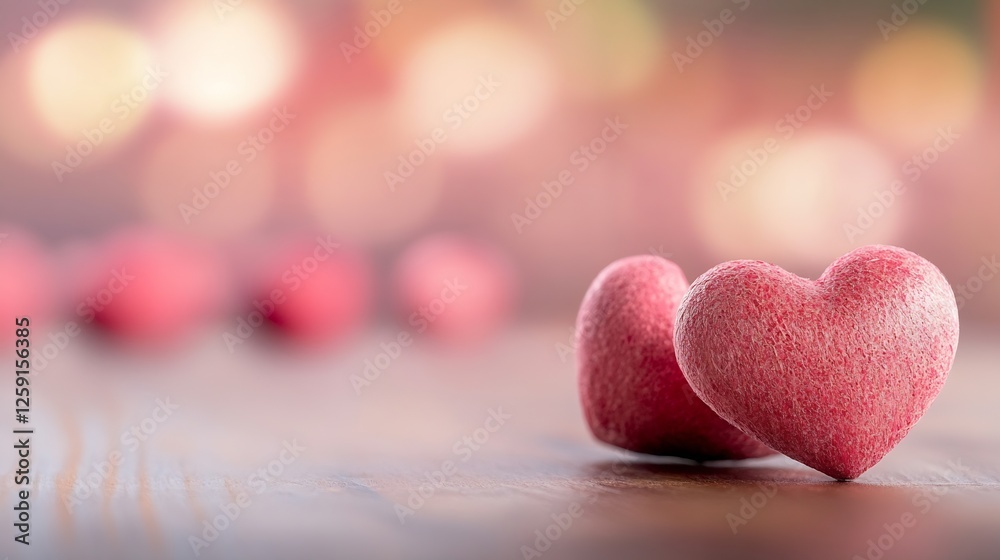 Poster two soft pink hearts on a warm wooden surface with a blurred background : generative ai