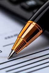A close-up of a sleek pen with an orange and silver design, resting on a document next to a calculator, suggesting finance or paperwork.