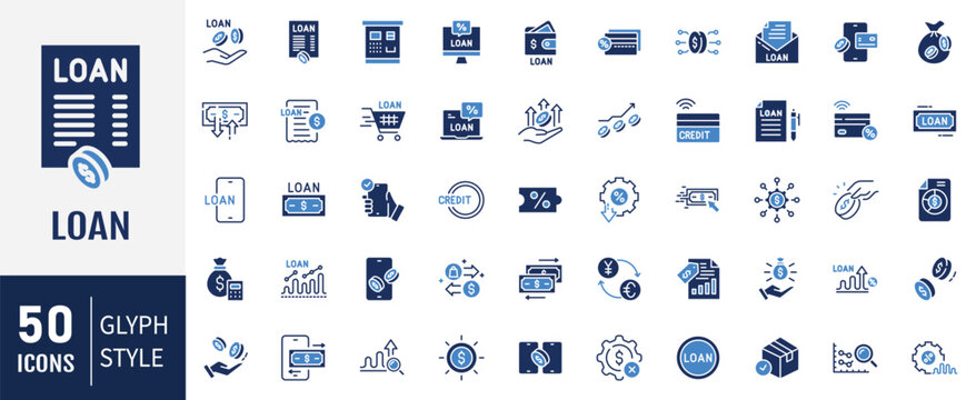 Loan icon set. Containing as mortgage, credit, debt, tax and more. Vector illustration
