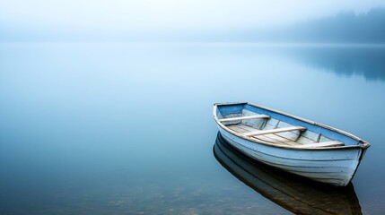 Obraz premium Single Wooden Rowboat Anchored in Serene Misty Lake at Dawn : Generative AI