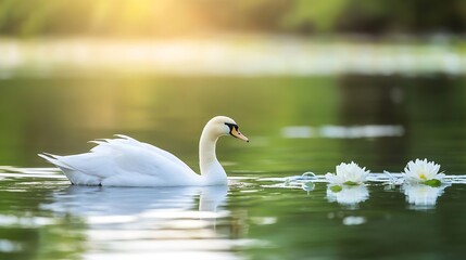 Elegant swan swimming peacefully in a serene pond with blooming water lilies : Generative AI