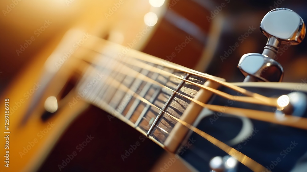 Aufkleber close up of acoustic guitar strings glimmering in soft natural light : generative ai