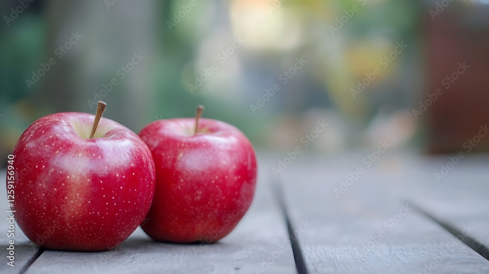 Poster Two shiny red apples on wooden table against soft blurred background : Generative AI